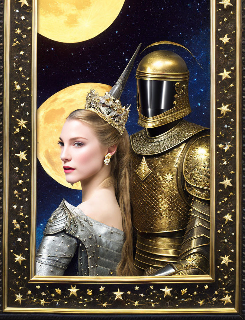 Knight and Queen Portrait in Golden Armor under Celestial Sky