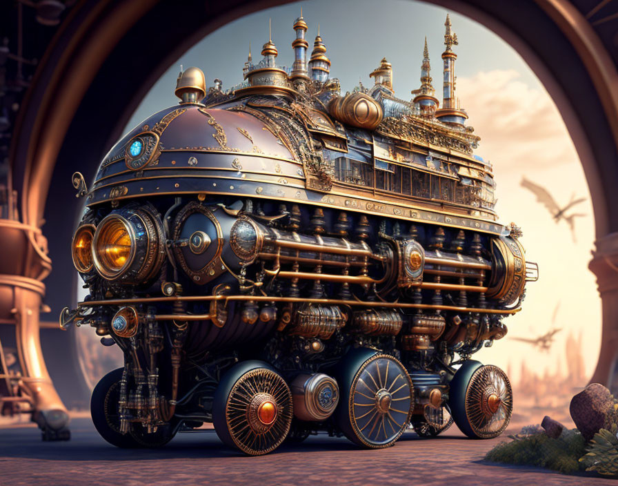 Steampunk-style vehicle with brass detailing in fantastical setting