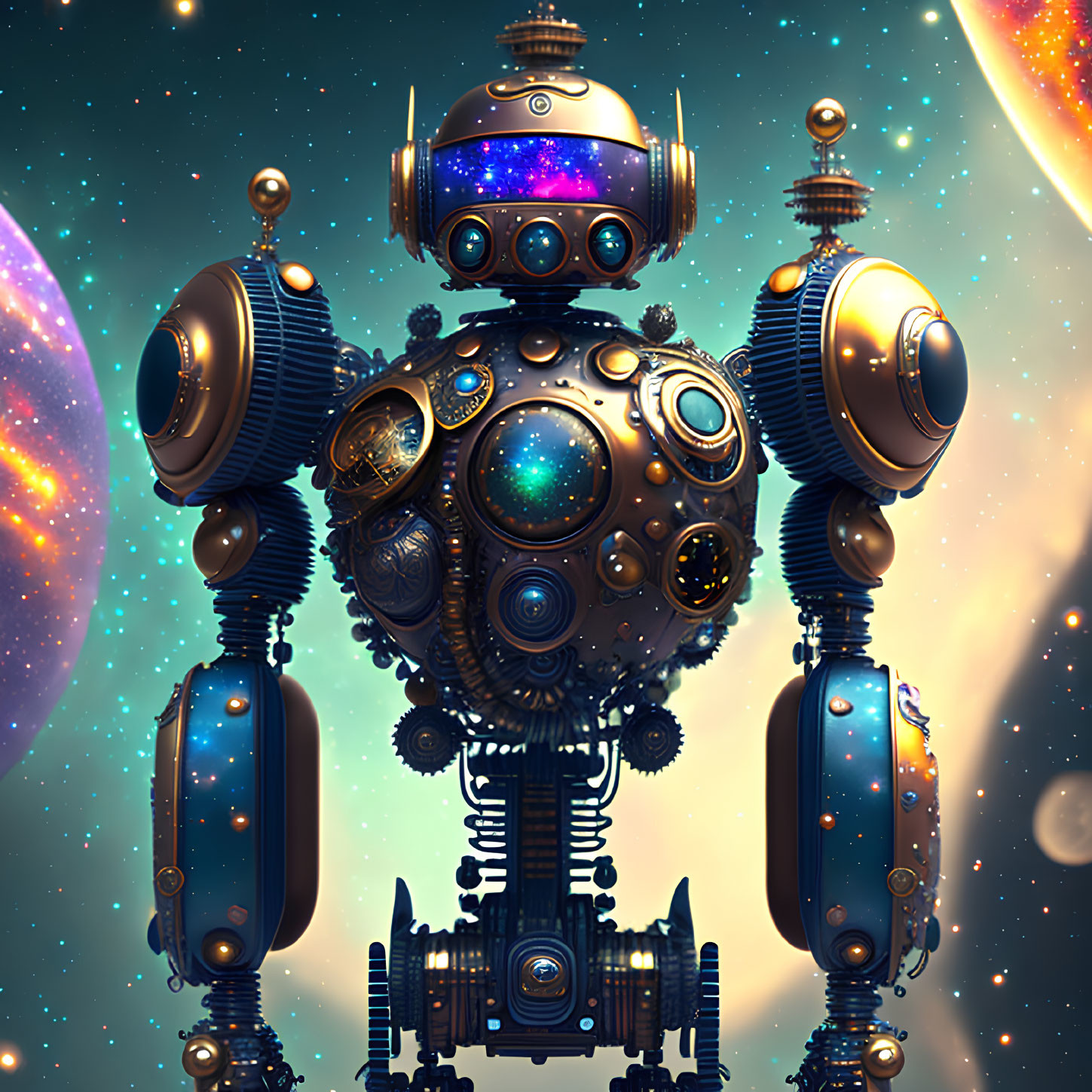 Detailed futuristic robot with spherical body in cosmic setting