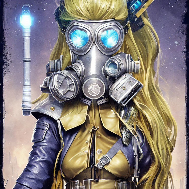 Woman in gas mask with glowing blue eyes in yellow jacket and tactical gear against smoky backdrop with lam