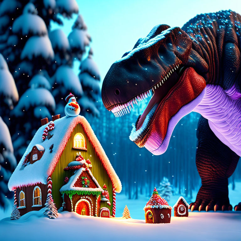 Dinosaur with Christmas lights gazes at snow-covered gingerbread house