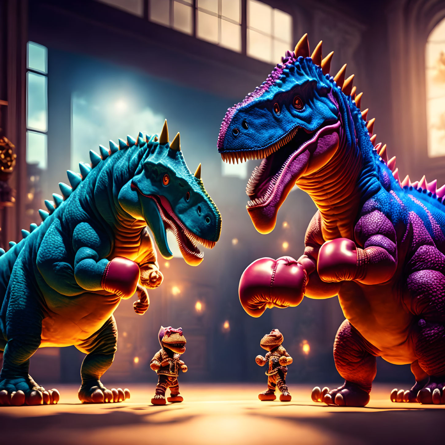 Cartoonish dinosaurs with boxing gloves in dramatic pose in ornate room