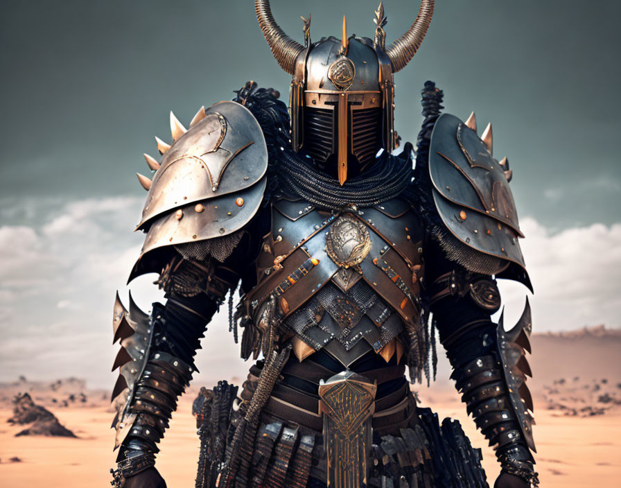 Ornate Spiky Armor Figure in Desert with Horned Helmet and Mask