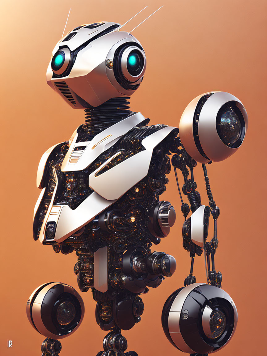 Detailed White and Black Robot with Blue Eyes and Mechanical Components