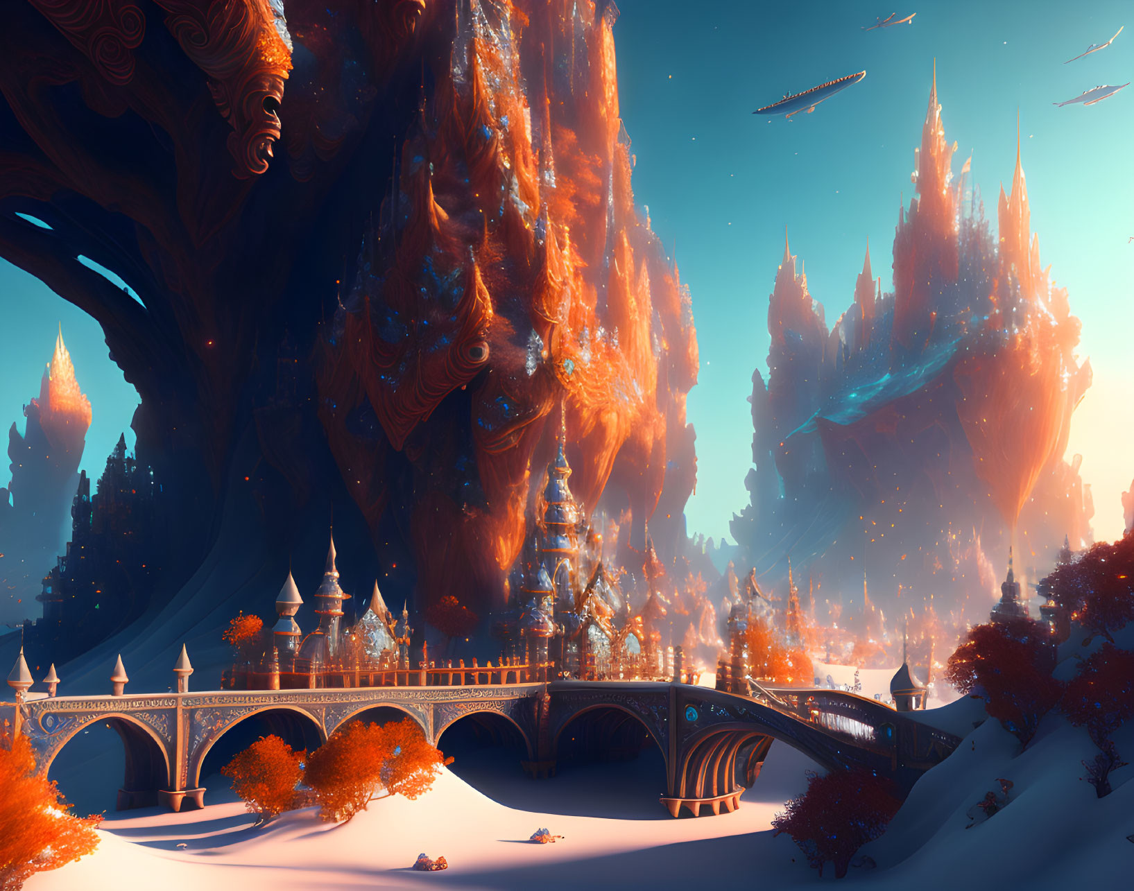 Majestic orange-hued trees in fantasy landscape with stone bridge and floating ships