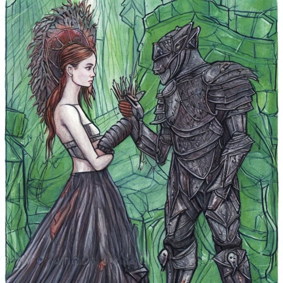 Feathered headwear woman and armored knight connect in greenish setting