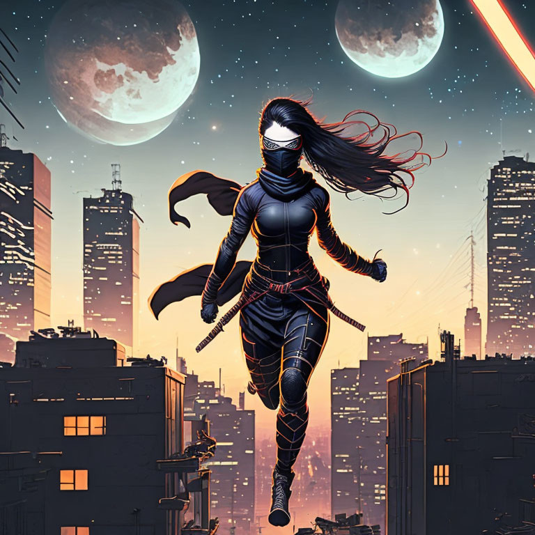 Masked female superhero with flowing hair runs on buildings in a dusk cityscape with twin moons and streak