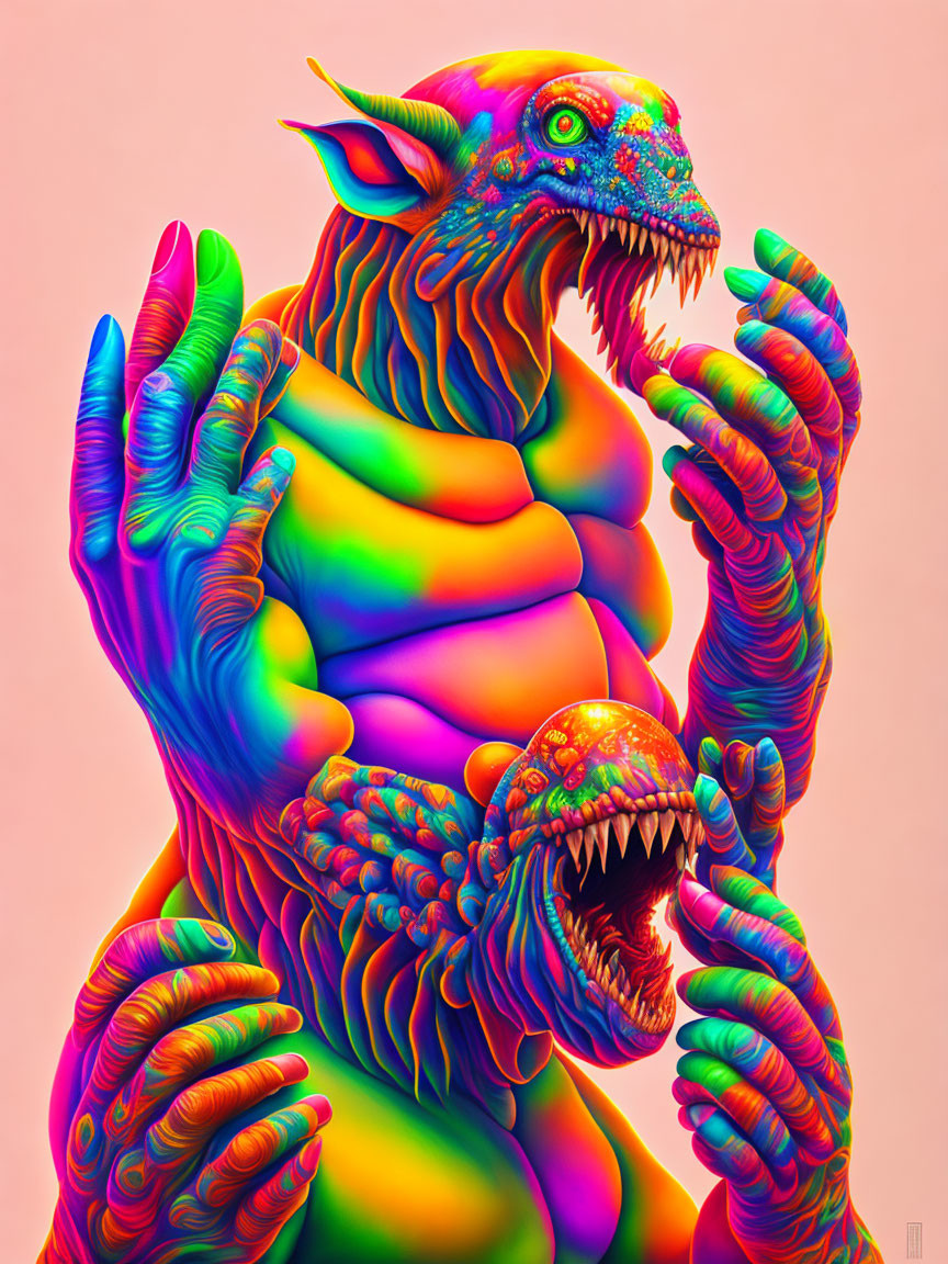 Vibrant psychedelic creature with multiple eyes and sharp teeth