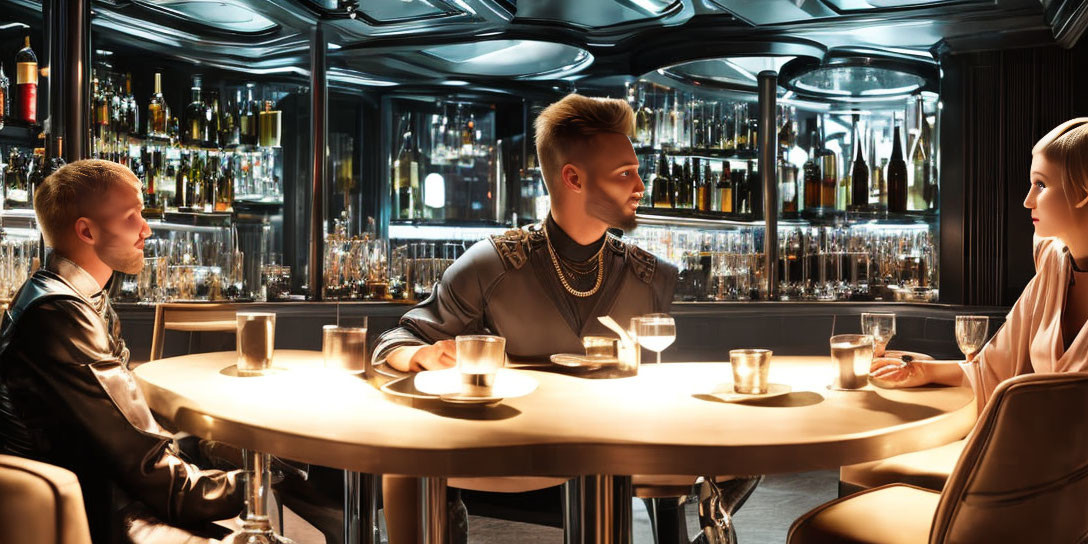 Intimate bar scene with three people at table surrounded by bottles