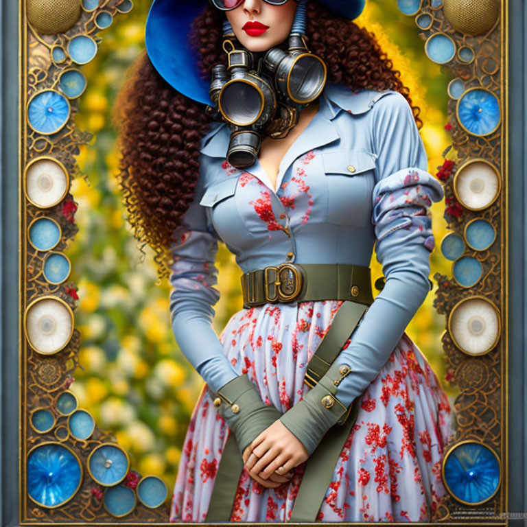 Stylized portrait of a woman with curly hair in steampunk attire