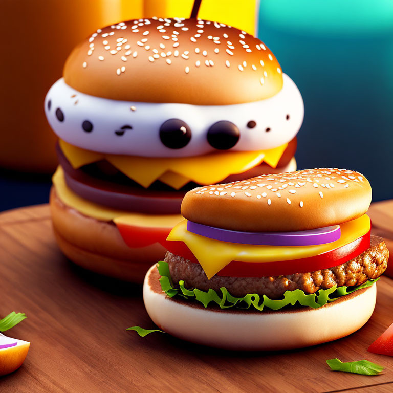 Three Stylized Cartoon Hamburgers With Faces Stacked on Table