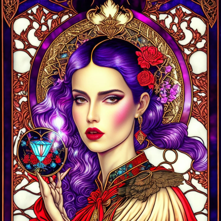 Illustrated woman with purple hair holding crystal orb in stained glass-style background