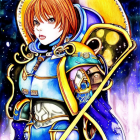 Illustration of woman in red hair, blue-gold armor with spear, cosmic star-filled background