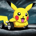 Stylized Pikachu-themed race car on road with stormy sky