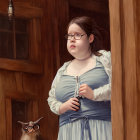 Historically dressed woman with owl in wooden room gazes into distance