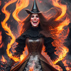 Illustrated female character in dark costume with feathers, surrounded by flames