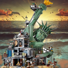 Surreal artwork: Statue of Liberty's head and arm in ruins and machinery at sunset.