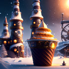 Whimsical winter scene with ice cream cone structure and fantasy buildings.