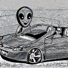 Four extraterrestrial characters in vintage car driving on monochromatic beach under starry sky