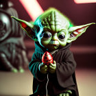 Young Yoda-like character with large eyes in dark cloak holding metallic object