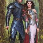 Medieval man and woman in ornate armor among lush greenery