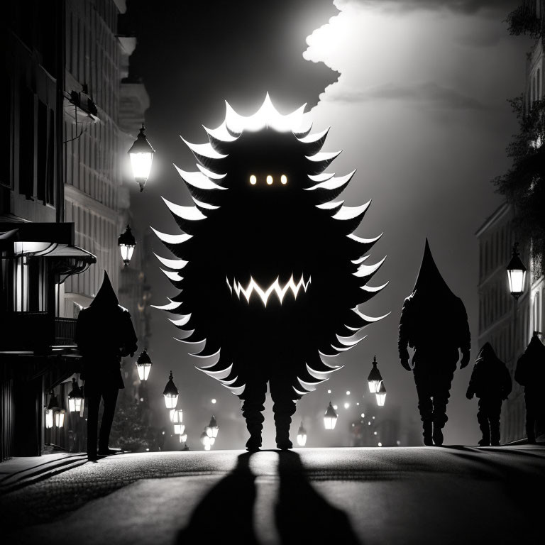 Menacing silhouette with sharp spikes over night street