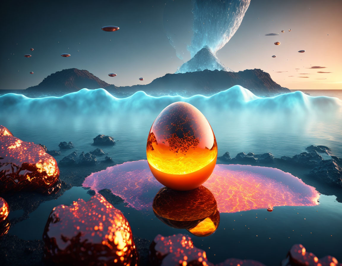 Surreal landscape with glowing orange sphere, luminescent orbs, neon-blue waves, and giant