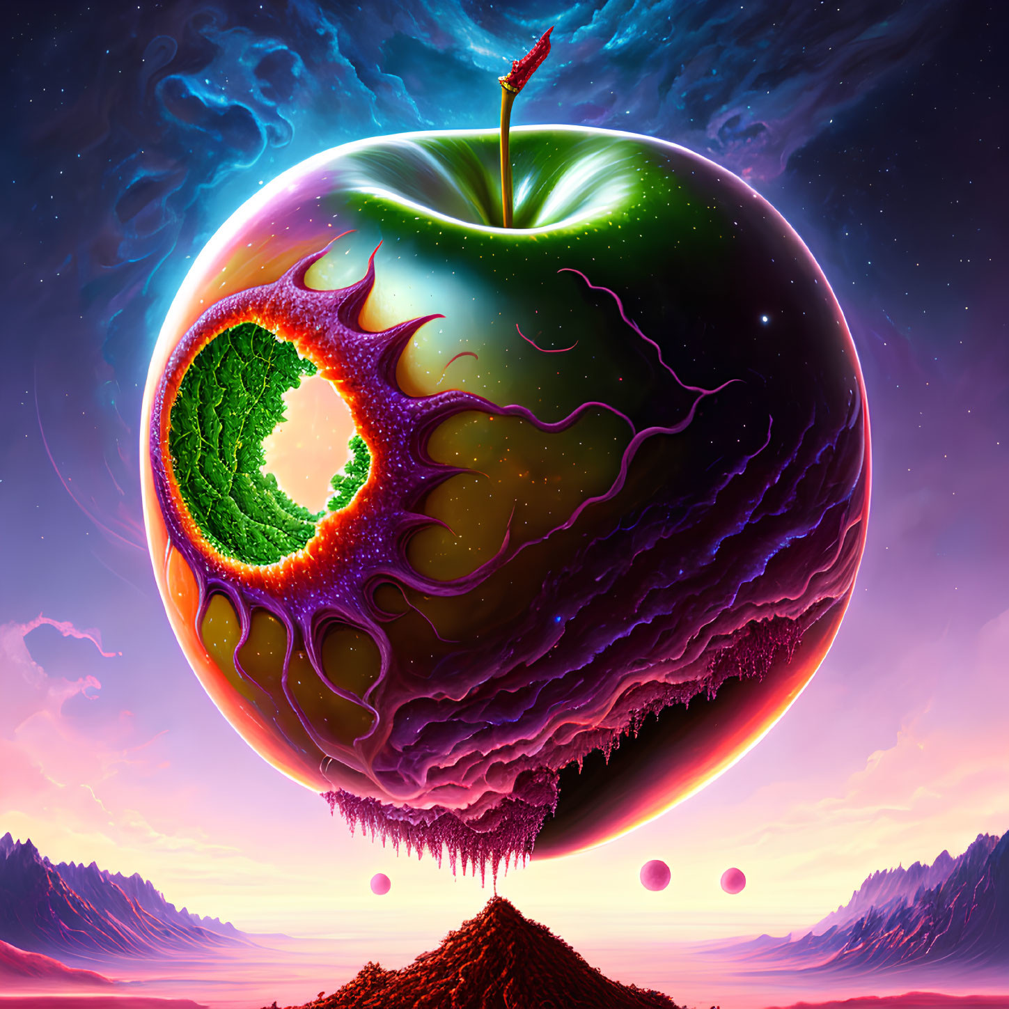 Giant molten core apple hovers over alien landscape