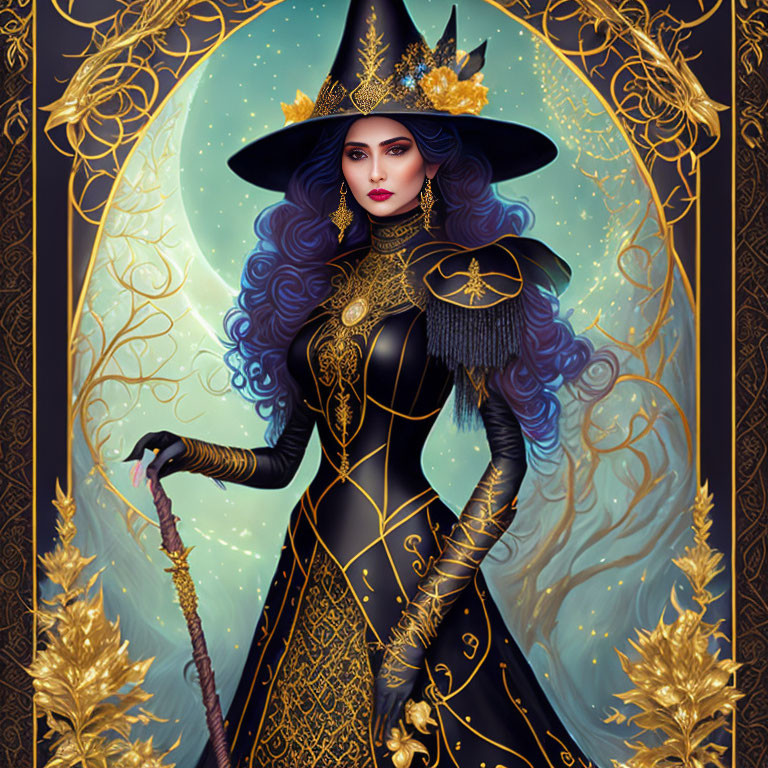 Illustration of Enchantress in Star-Themed Black and Gold Dress