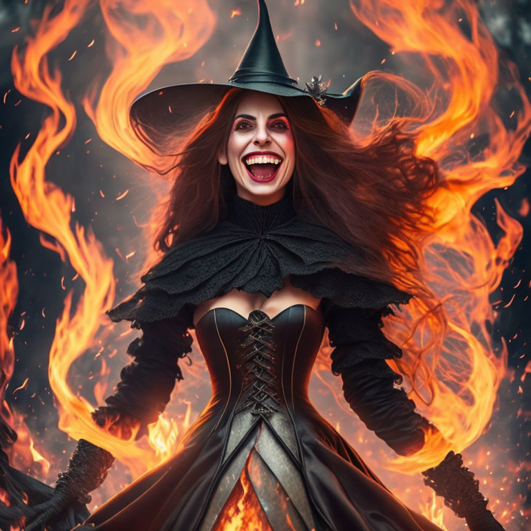 Woman in witch costume smiling amidst swirling flames