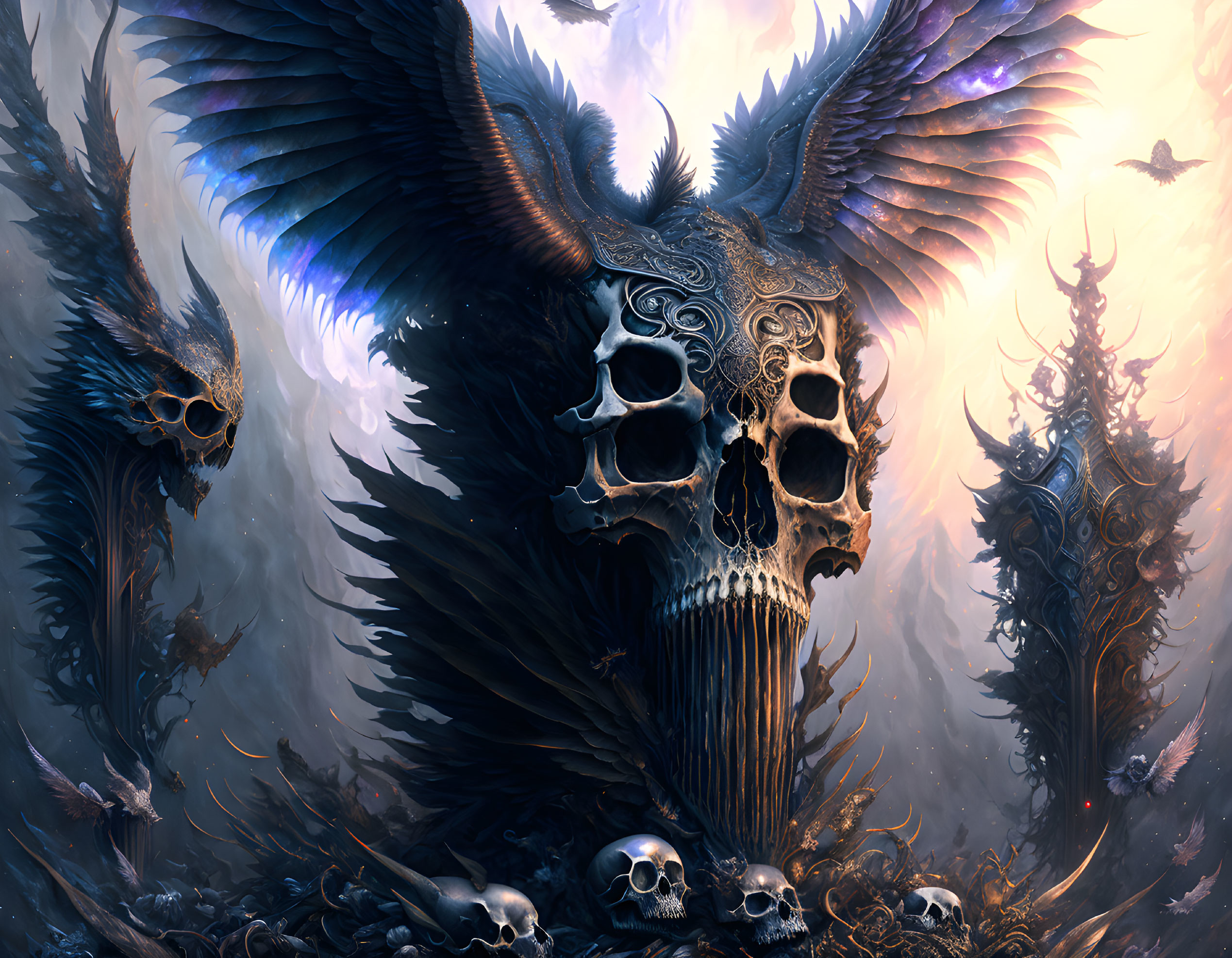 Dark fantasy artwork: Majestic creature with wings, skull-like faces, eerie ambiance