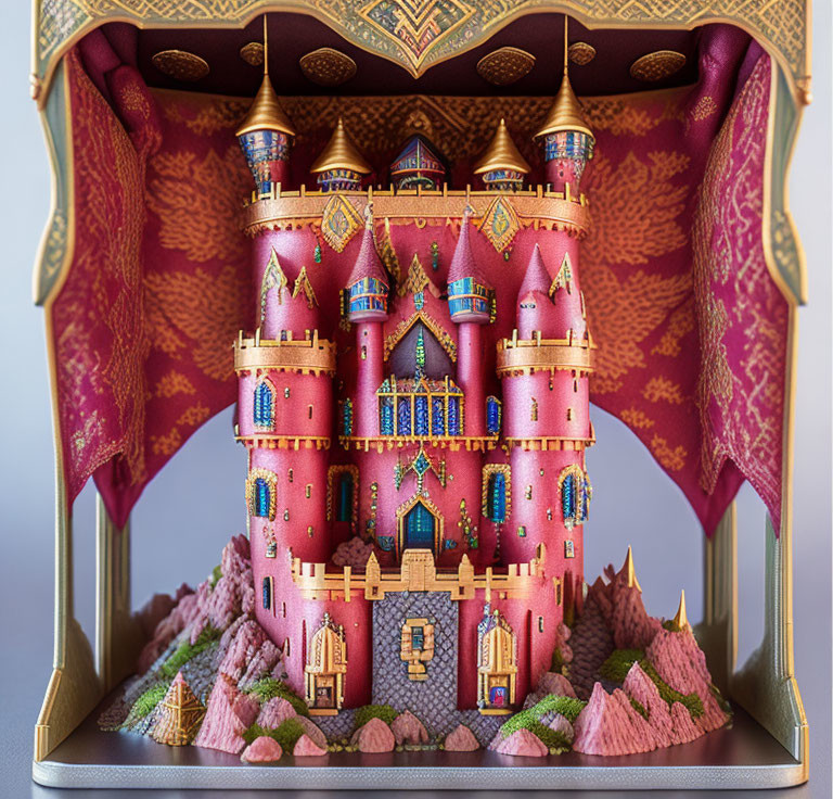 Detailed Pop-Up Book: Pink & Gold Castle with Towers & Foliage