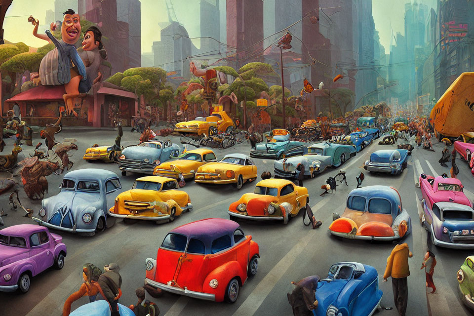 Vibrant city street with anthropomorphic vehicles and happy man on car