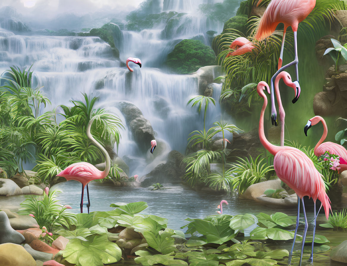 Flamingos in front of cascading waterfall with lush greenery