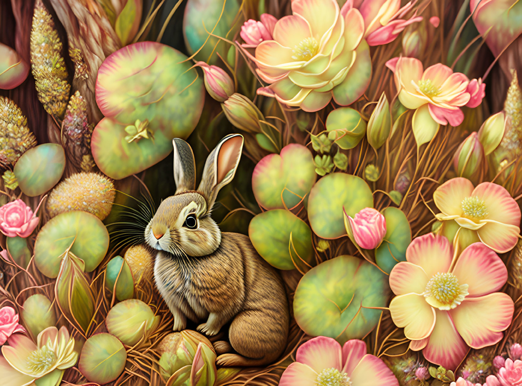 Realistic rabbit in lush succulent garden with warm hues