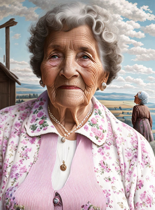 Elderly Woman with Warm Smile in Floral Cardigan