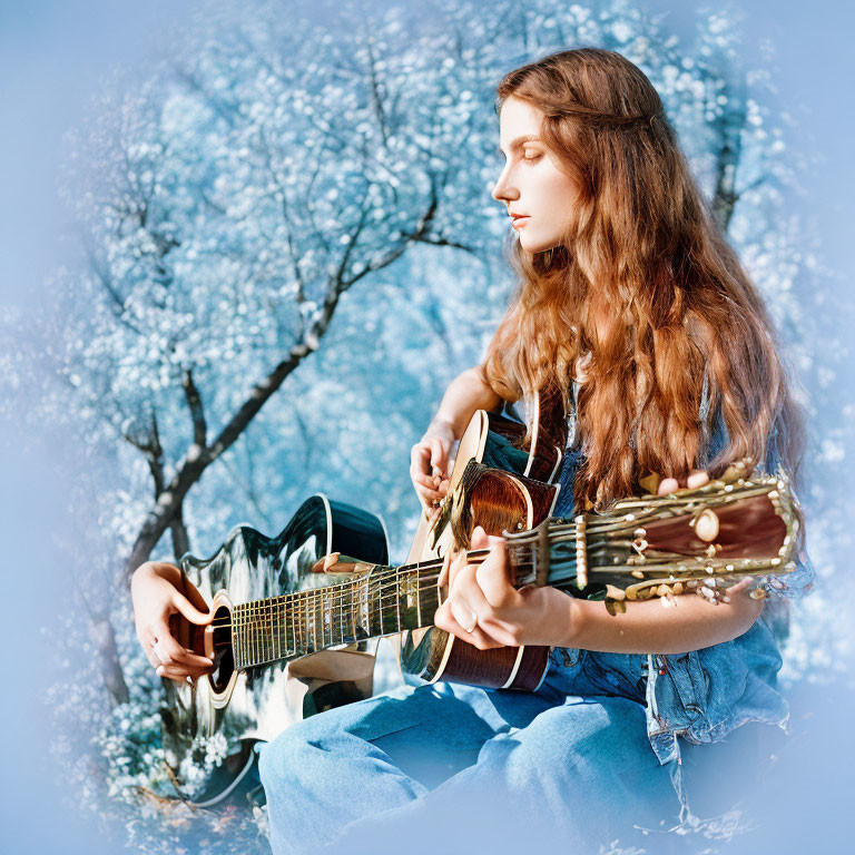 Woman Playing Acoustic Guitar Outdoors Among Blooming Trees