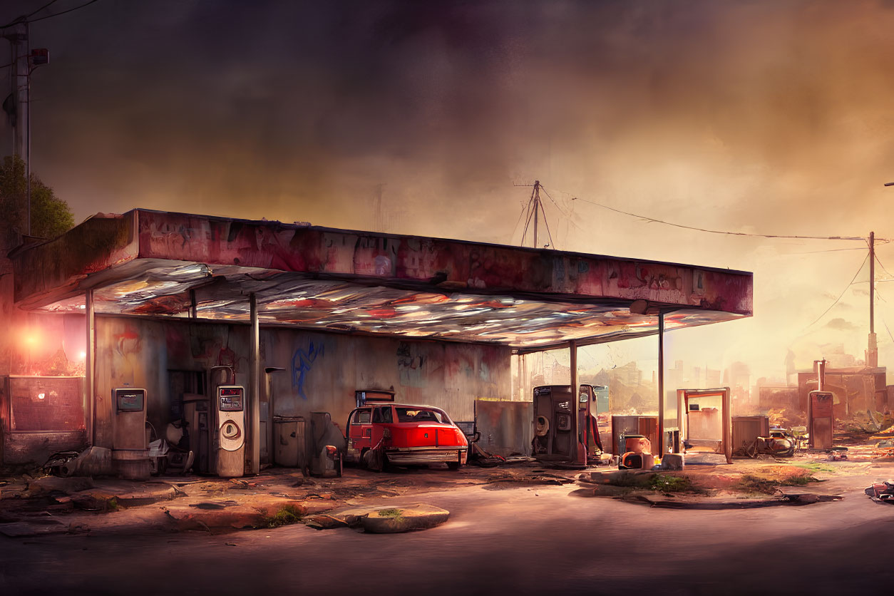 Derelict gas station with rusting car, graffiti, and dystopian setting