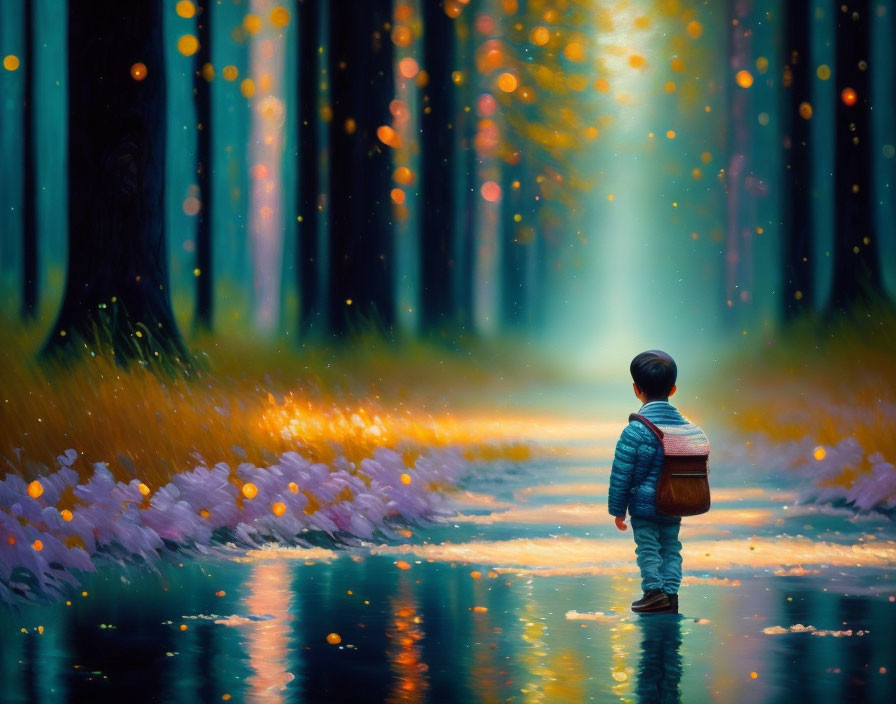 Child in mystic forest with flowers and glowing lights