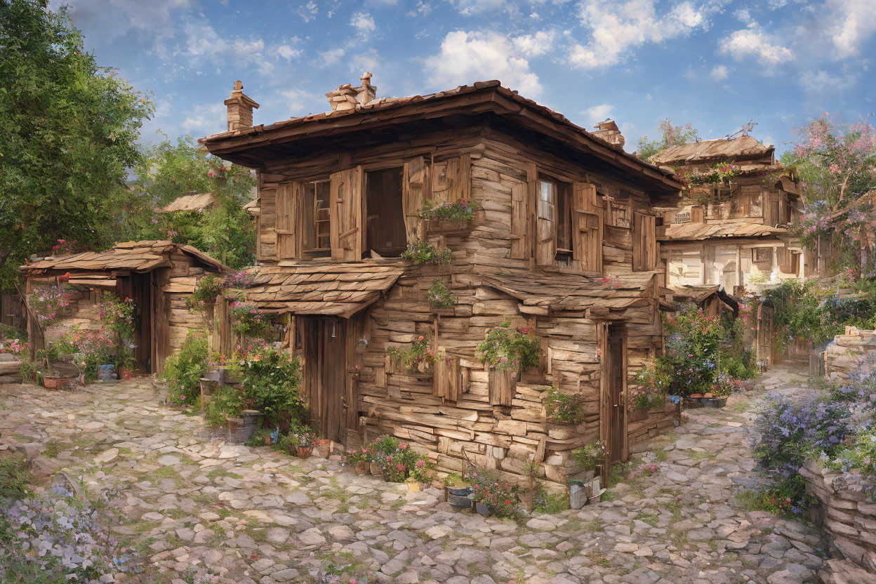 Rustic stone-paved village with wooden houses and greenery