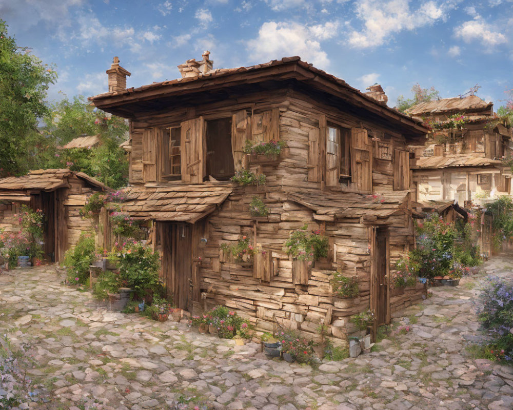 Rustic stone-paved village with wooden houses and greenery