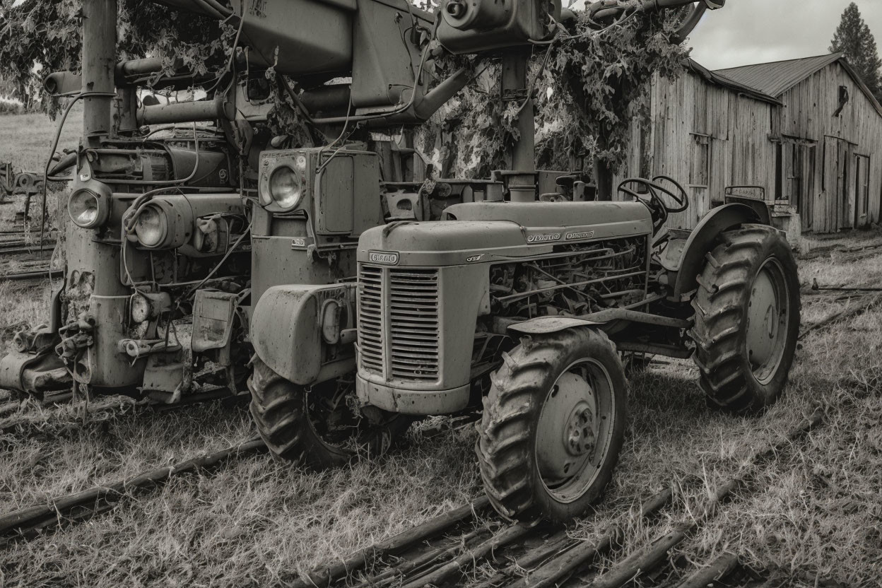 Vintage Tractor in Rustic Farm Setting with Barn in Black and White