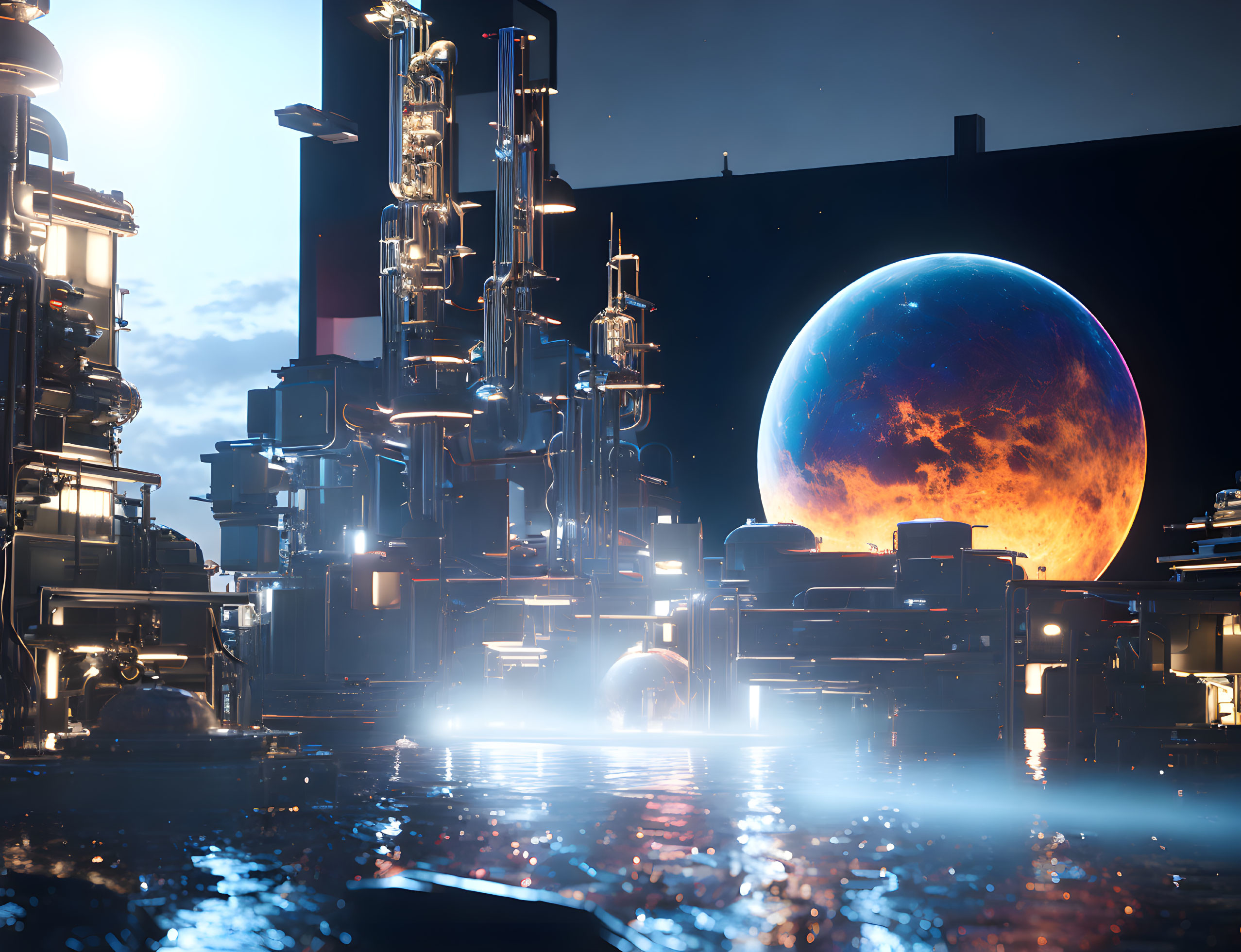 Nighttime futuristic cityscape with illuminated industrial structures and vibrant planet rising over water.