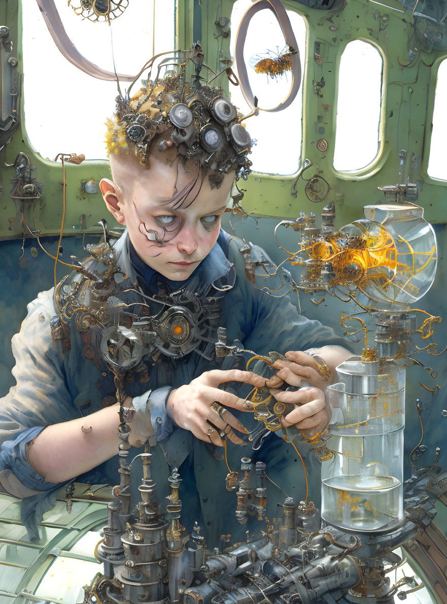 Young boy assembling intricate devices in steampunk room