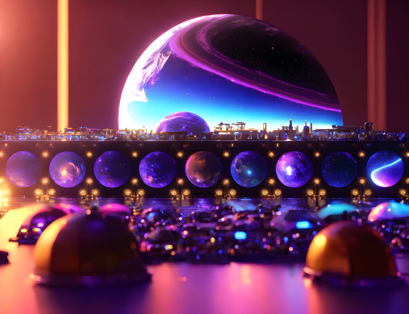 Futuristic cityscape with glowing orbs and domes under purple sky