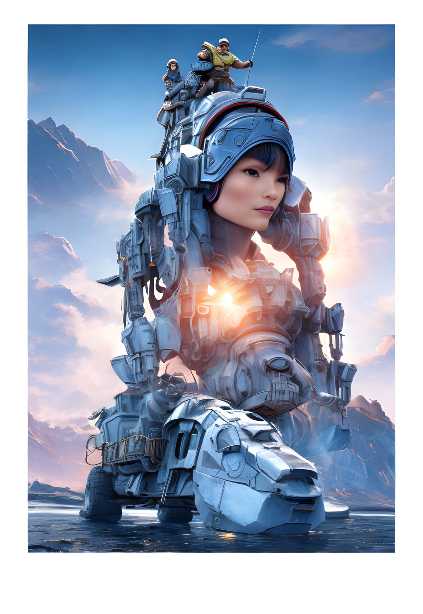 Female character in futuristic armor with companions on large exosuit in mountainous landscape