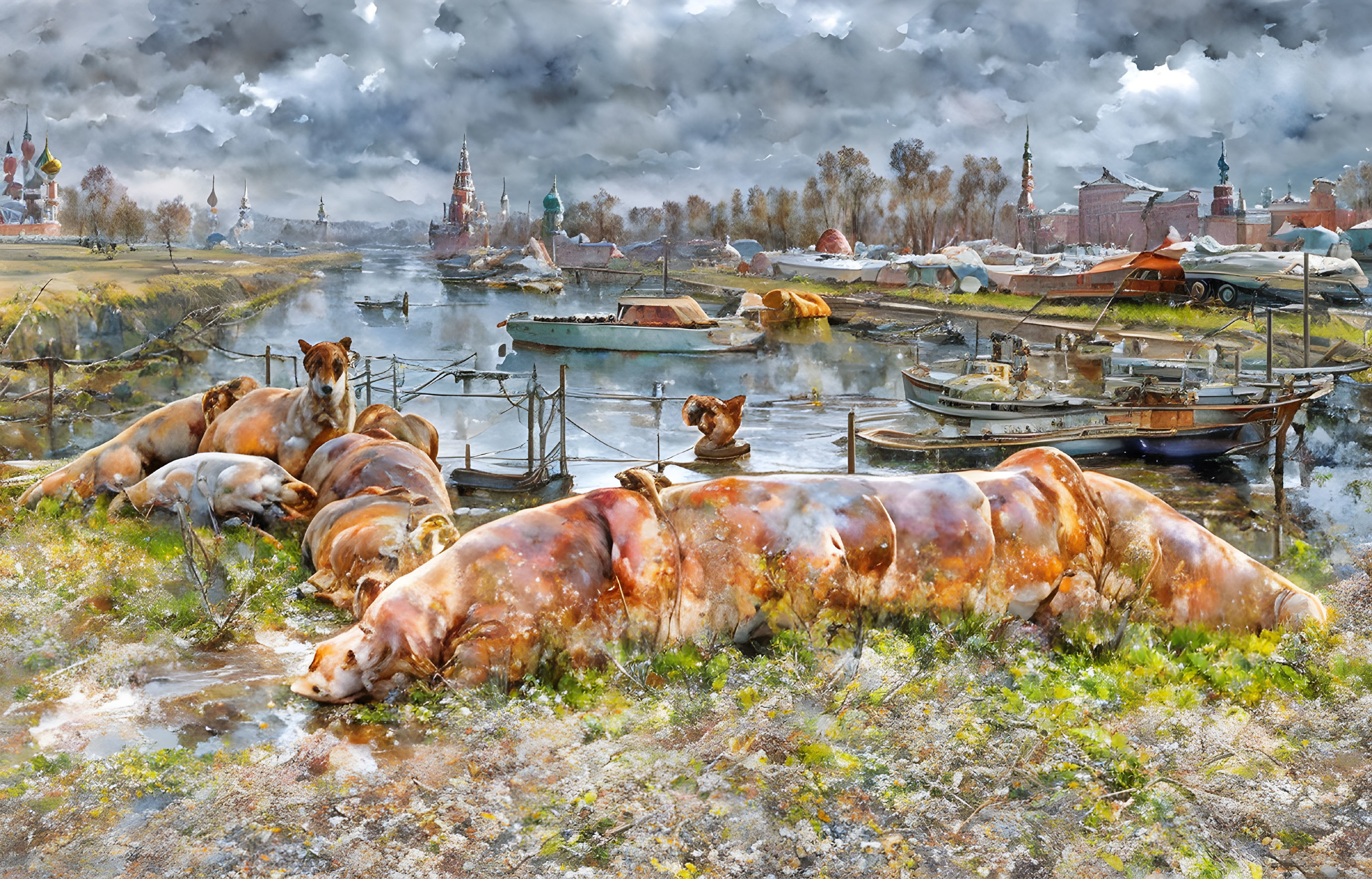 Scenic riverside painting with cows, boats, and historical buildings