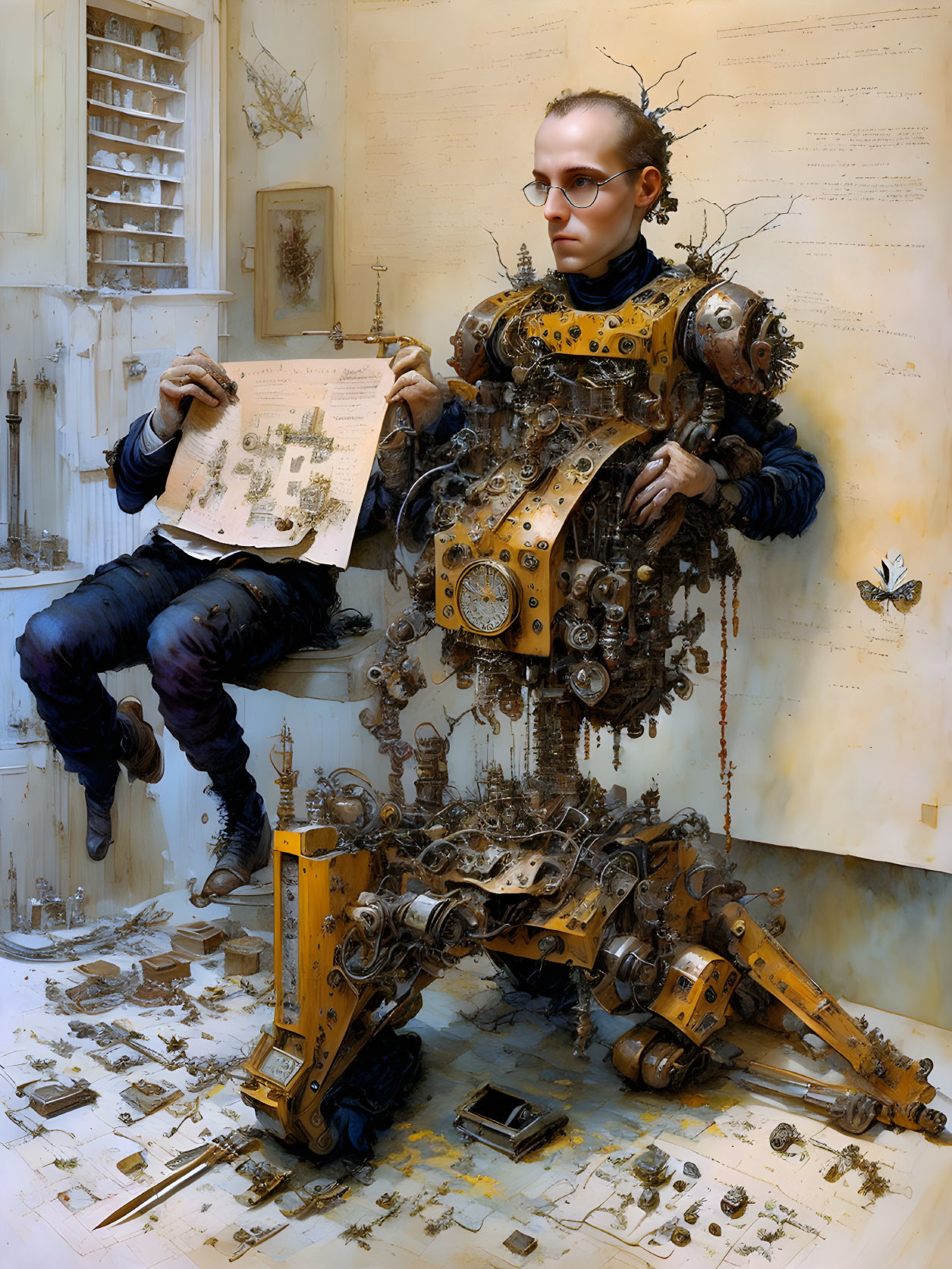 Cybernetic figure in cluttered room with intricate clockwork and paper.