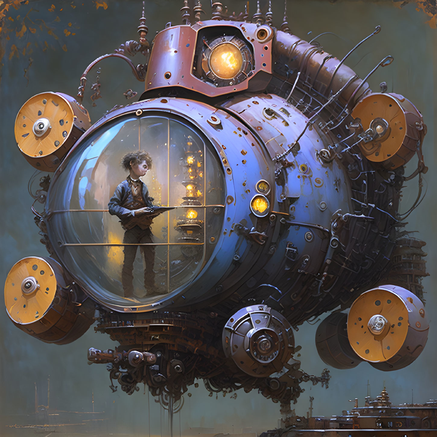 Steampunk-style submarine cabin with mechanical arms underwater