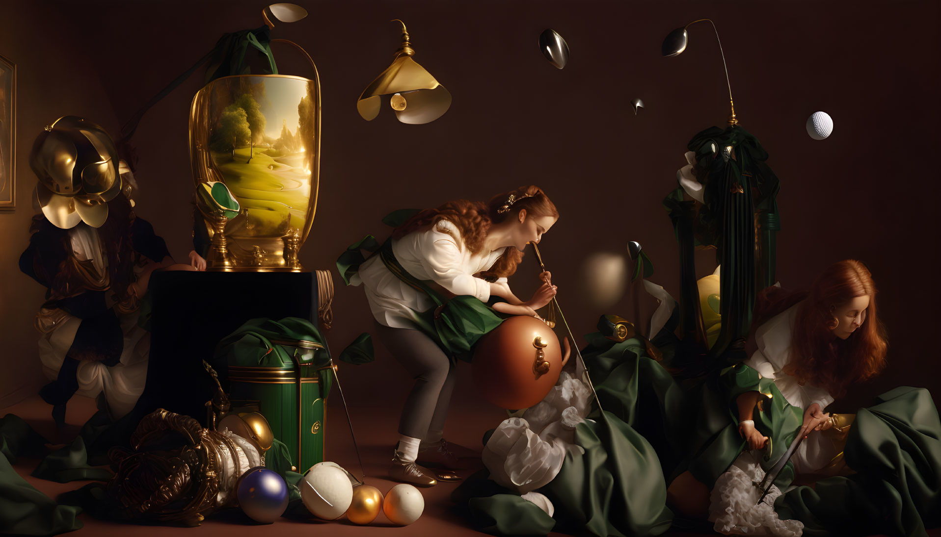 Surreal image of two girls surrounded by various objects and warm light